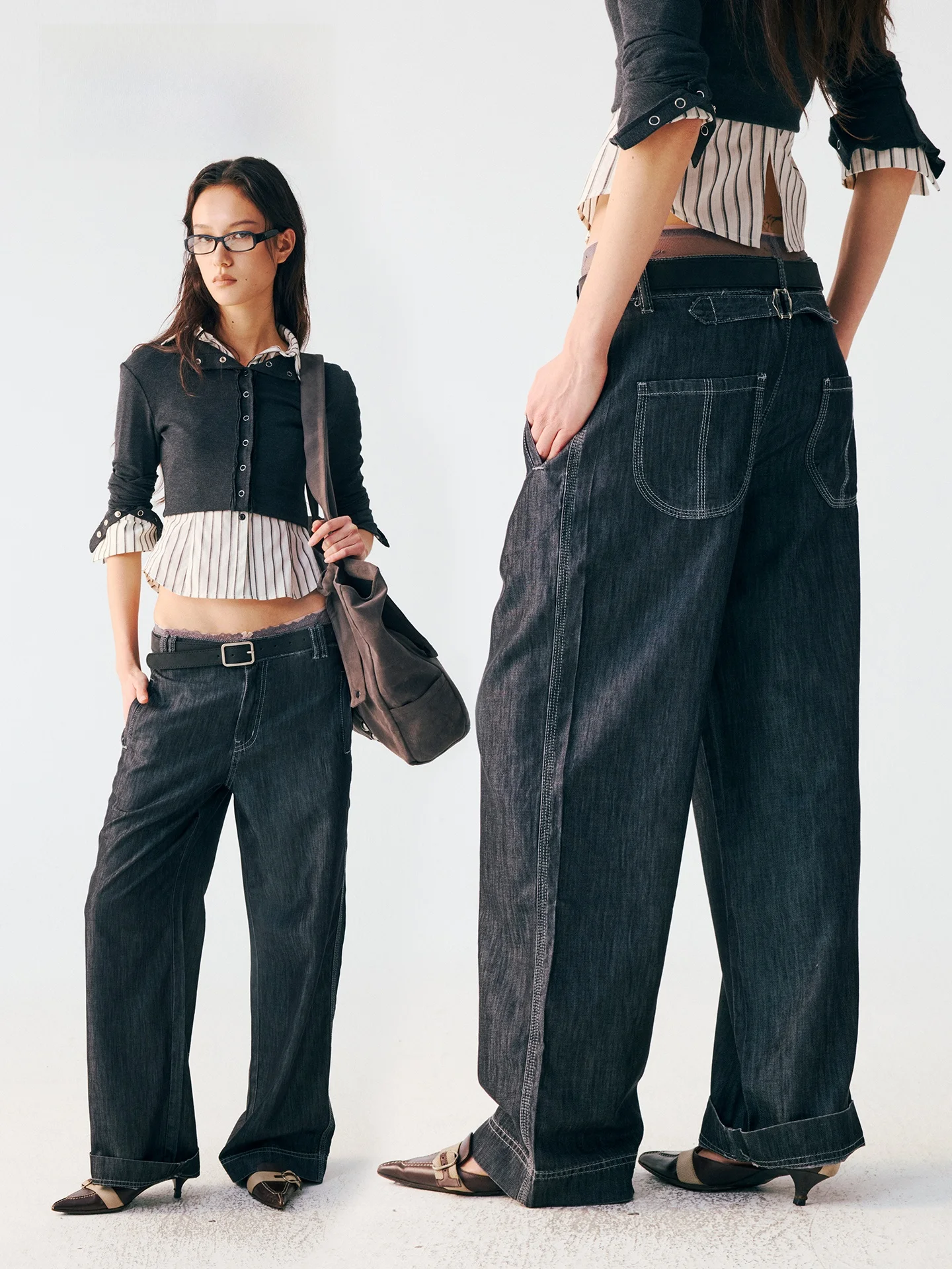 

High River Casual Loose Vintage Straight Leg Lenzing Draped Nine-Tenths Length Women's Jeans Soft Cotton l Waist Button...