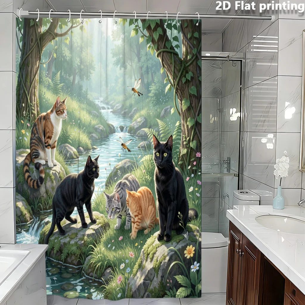 Cute Cats Forest Wildlife Shower Curtain Waterproof Bathroom Curtain Jungle Nature Aesthetic Decor Art Print for Kids Adults view 3