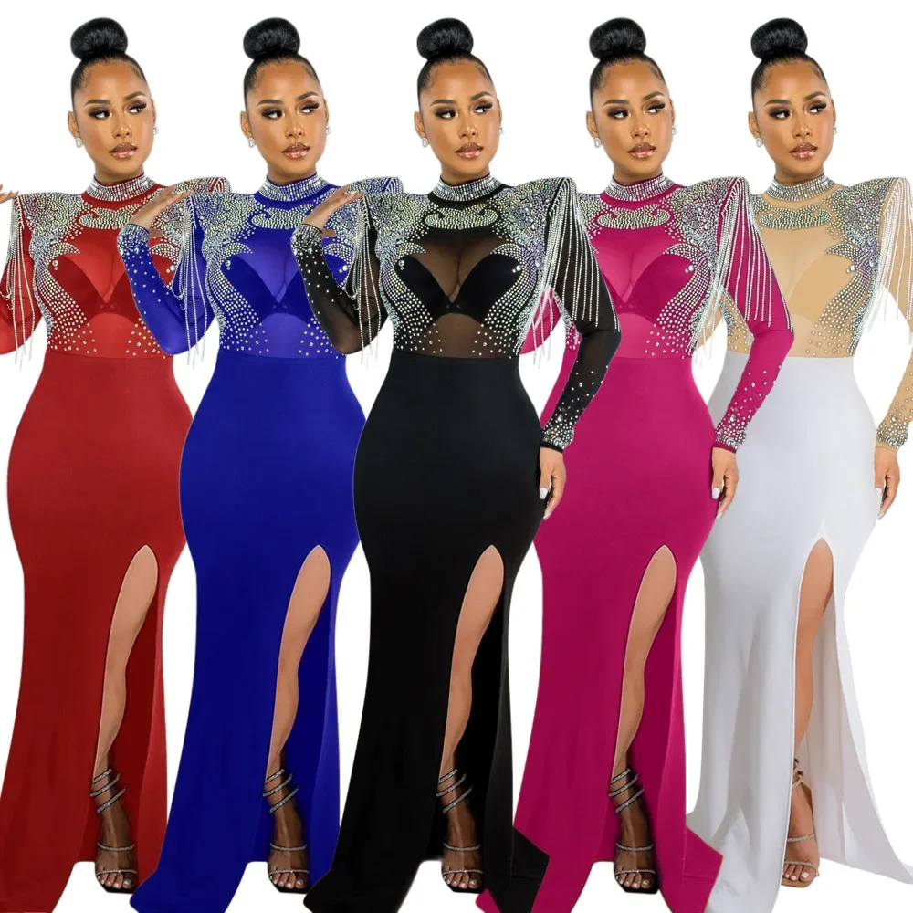 

Women Mesh See Through Long Sleeve Diamonds Hot Rhinestones Mermaid Long Dress Fall Evening Sexy Party Dresses Vestidos