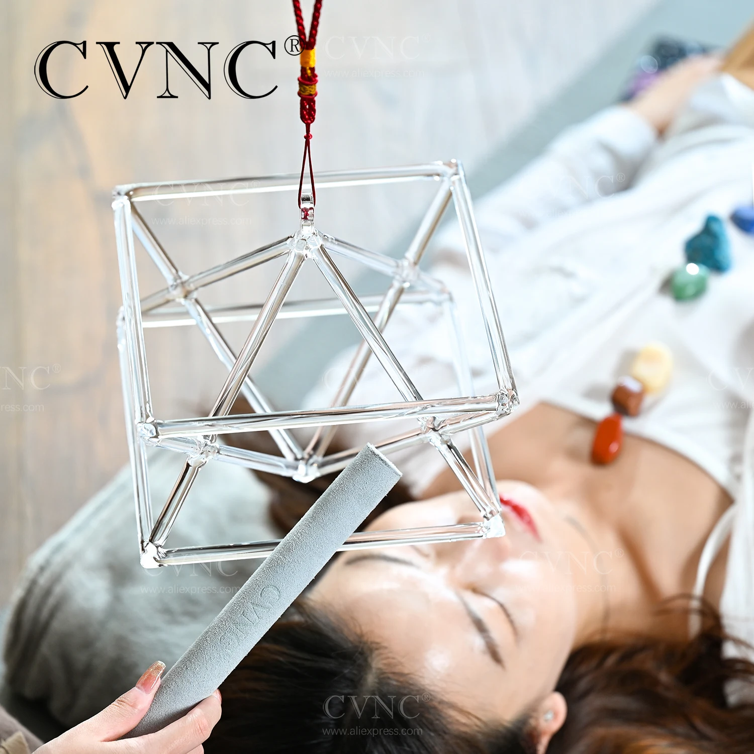 CVNC-Clear Merkaba Crystal Singing Pyramid, Chakra Instrument, Sound Healing, Relaxing Sounds, 8 Inch