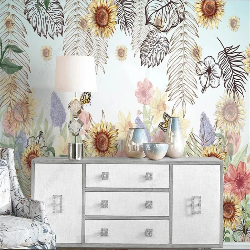 Colorful Pastoral Style Wallpaper Nordic Sunflower Flowers Bushes Floral 3d Self Adhesive Mural for Home Decor Living Room