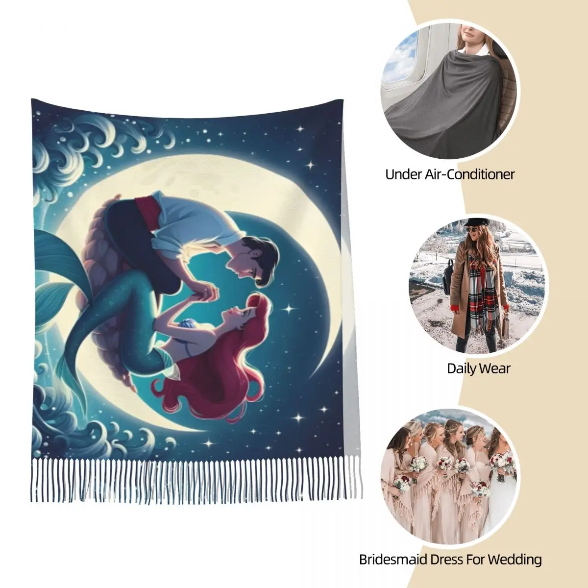 The Little Mermaid Cartoon Scarf Warm Soft Shawls and Wrap with Tassel Lady Casual Large Scarves Winter Designer Foulard