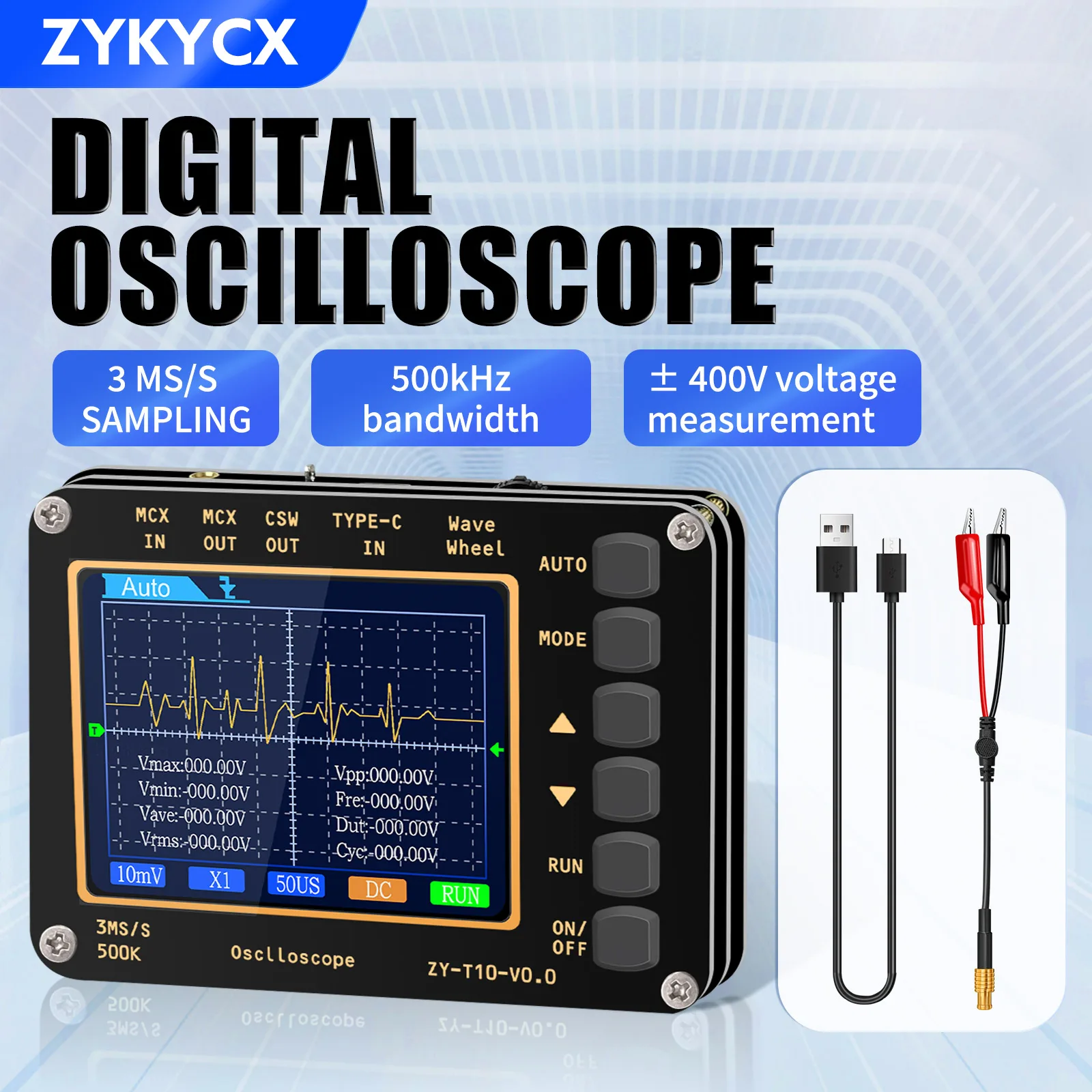 

Цифровой портативный осциллограф, частота дискретизации: 3 мс/с, ширина полосы: 500 кГц, измерение АВТО, 2,8-дюймовый ЖК-экран, перезаряжаемый