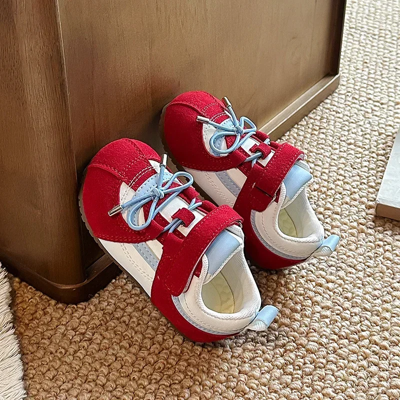 Baby Retro Color Block Sneakers, Faux‑Lace‑Up Hook‑Loop Soft Rubber Sole Toddler First Walking Shoes