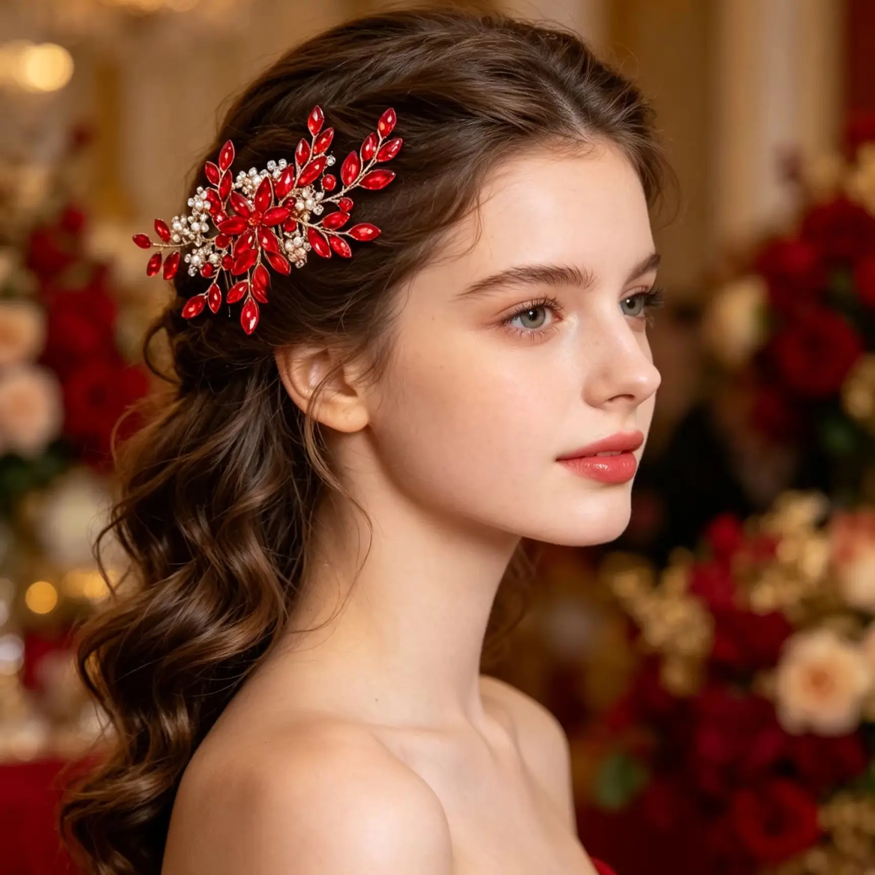 1 Piece of Horse-Eye Diamond Flower Side Hair Comb, Elegant Bridal Wedding Accessory for Outdoor Sunset Settings