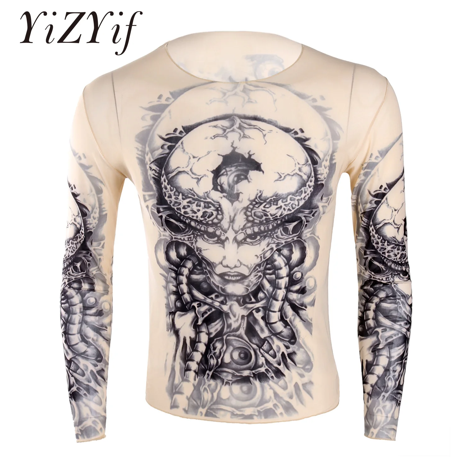 YiZYiF Fashion Mens Stretchy See Through Fake Tattoo Design T Shirt Top Long Sleeve O-Neck T-Shirt for Men's Halloween Party