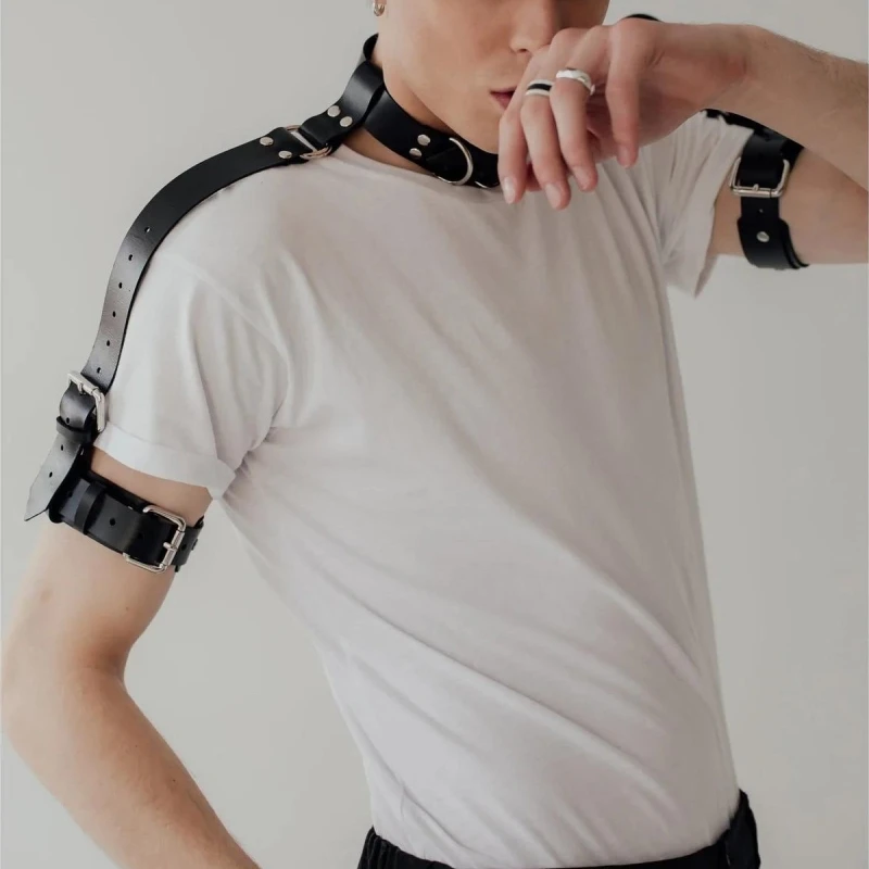 Fetish Gay Sexual Collar Harness Men Punk Rave Male Body Bondage Straps Lingerie Adjustable Shoulder Leather Men's Harness Belts