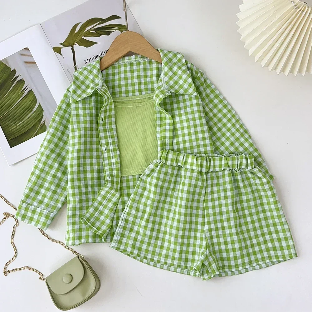 

Summer Girl Clothes Green Plaid Print Long Sleeved Shirt Top+Vest+Shorts Three Piece Suits Daily Sports Children's Clothing