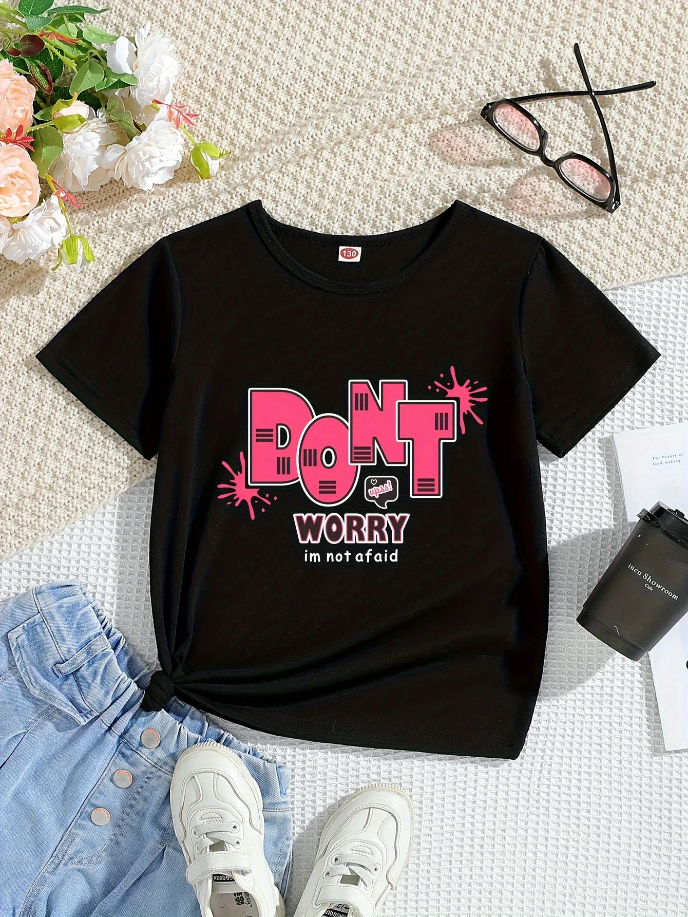

Girls Casual T-shirt DONT WORRY Graphic Print Tops Comfy Crew Neck Short Sleeve Cotton Tshirt Summer Girls Leisure Kids Clothes