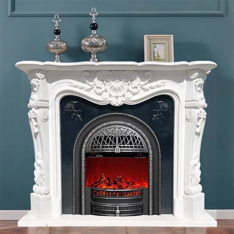 

Marble Large White Flower European Style Carved Fireplace Decoration French Villa Living Room Heating Light Luxury Ornament