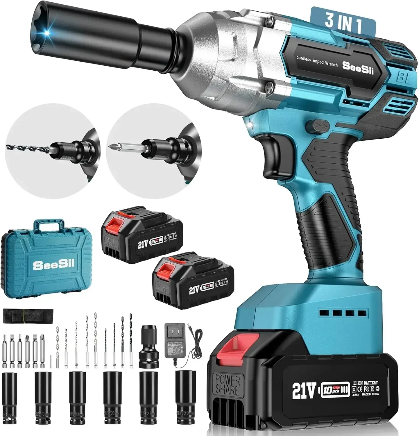 Chave de impacto sem fio, chave de impacto sem escova de 1/2 polegada torque máximo 479 pés-lbs (650nm), 3300rpm com 2x4.0 bateria, 6 socke