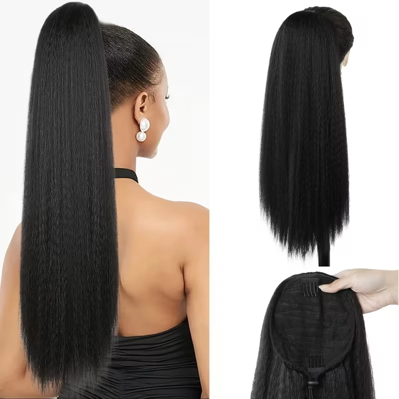 22Inch Synthetische Yaki Lange Rechte Haarverlenging Trekkoord Clip-in Paardenstaart Zwart Bruin Natuurlijke Pluizige Haarstukje voor Vrouwen