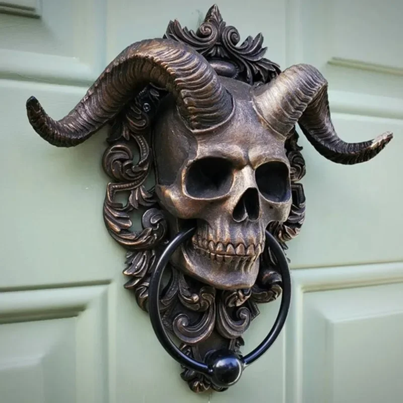 Skull Door Knocker Hell Devil Horn Skull Door Hanging Gothic Home Resin Decor Punk Satan Skull Sheep Head Wall Decor Pendant