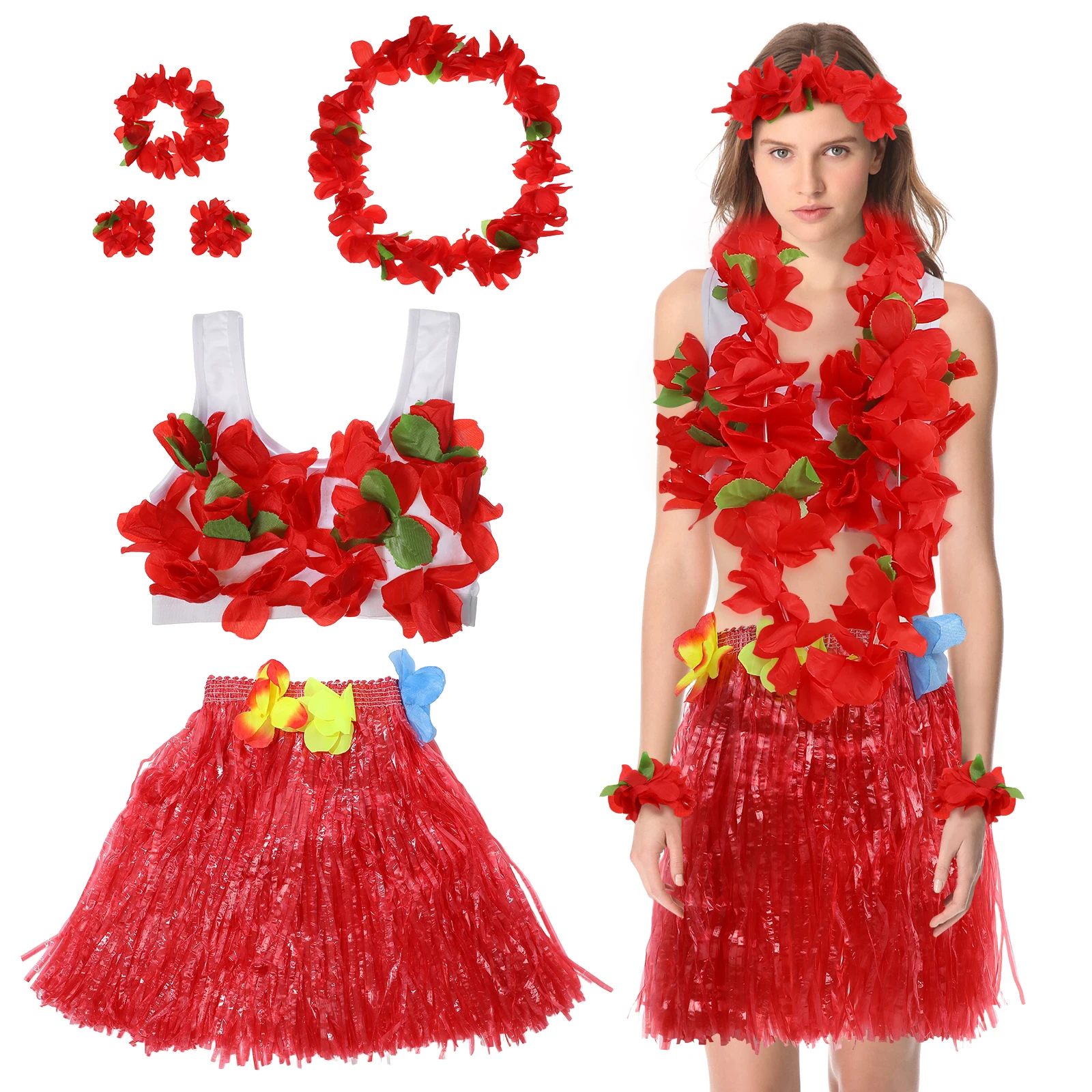 

6pcs Hawaii Tropical Set Kids Grass Skirt Accessories Red Elastic Hawaii Grass Skirt Set Waist Adjustable