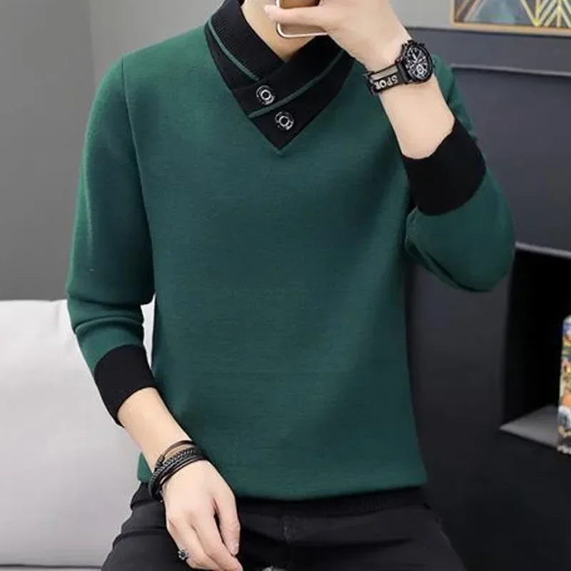 Autumn Winter Men\'s Turtleneck Thick Long Sleeve Sweaters Korean Trend Solid Color Spliced Knitted Pullovers Male Clothes Z517