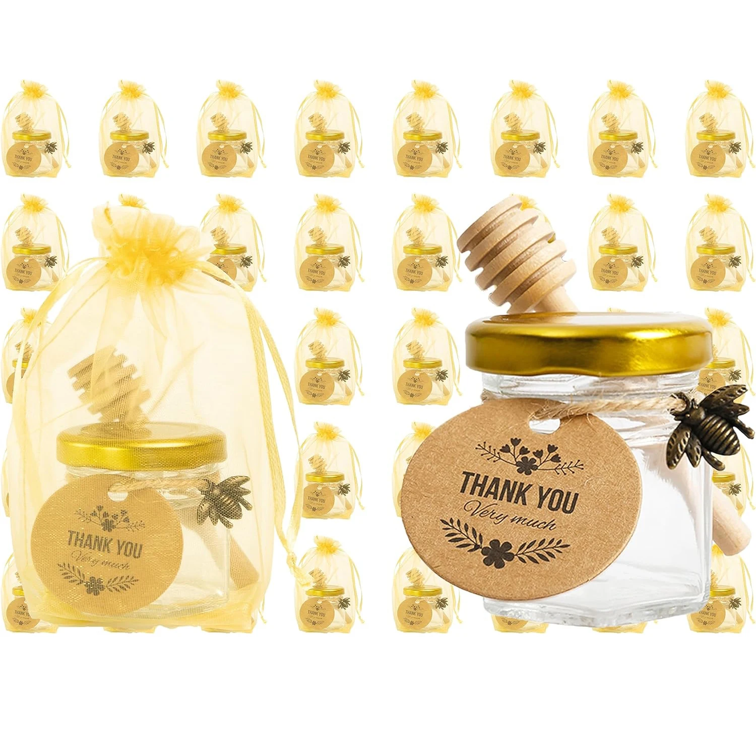 

Hexagon Mini Glass Honey Jars Canning with Gold Lid, Bee Charms Pendant, Honey Dipper Sticks, Gold Gift Bags, Thank You Gift Tag