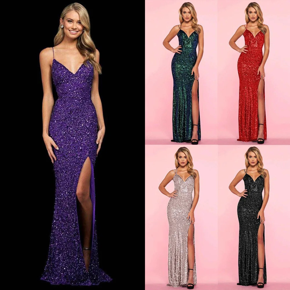Sexy Sequin Bal Long Dr Slit mid Waist Fi Tail Gown for Women Spring 2025 Cross-Border Ele Slimming Gown