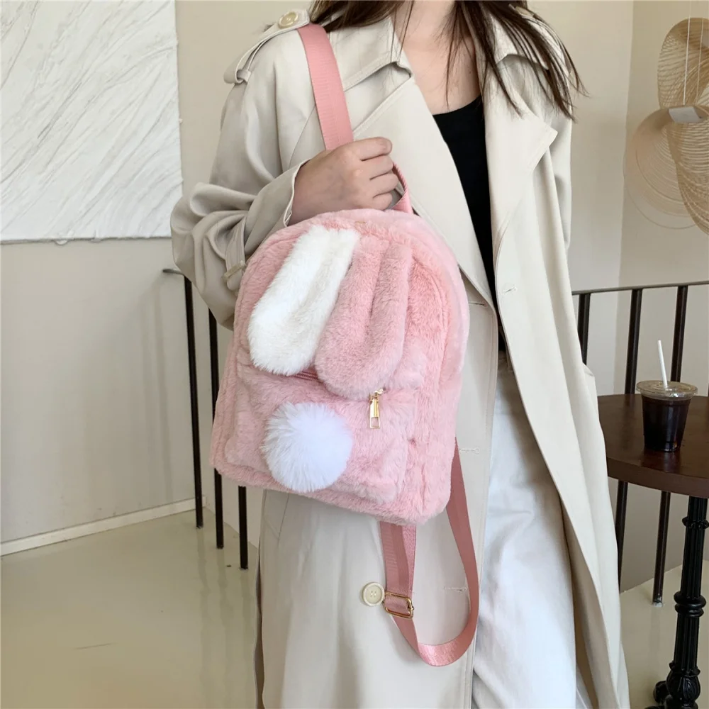 3pcs Mini Backpack For Women Girls Cute Fluffy Plush Rabbit Ears Schoolbag Casual Bookbag Small Bunny Travel Daypacks