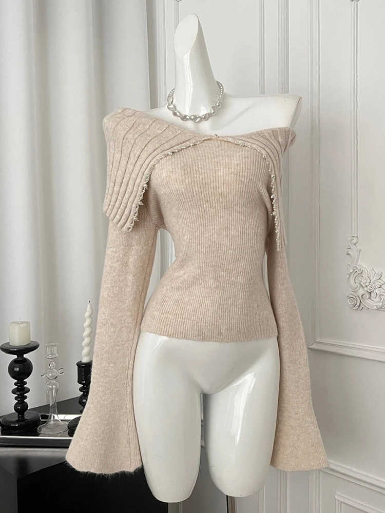 Winter Frauen Shoujo Altes Geld Langarm Crop Pullover Französisch Off Schulter Strickwaren 2000er Jahre Ästhetische Y2k Design Coquette Gyaru