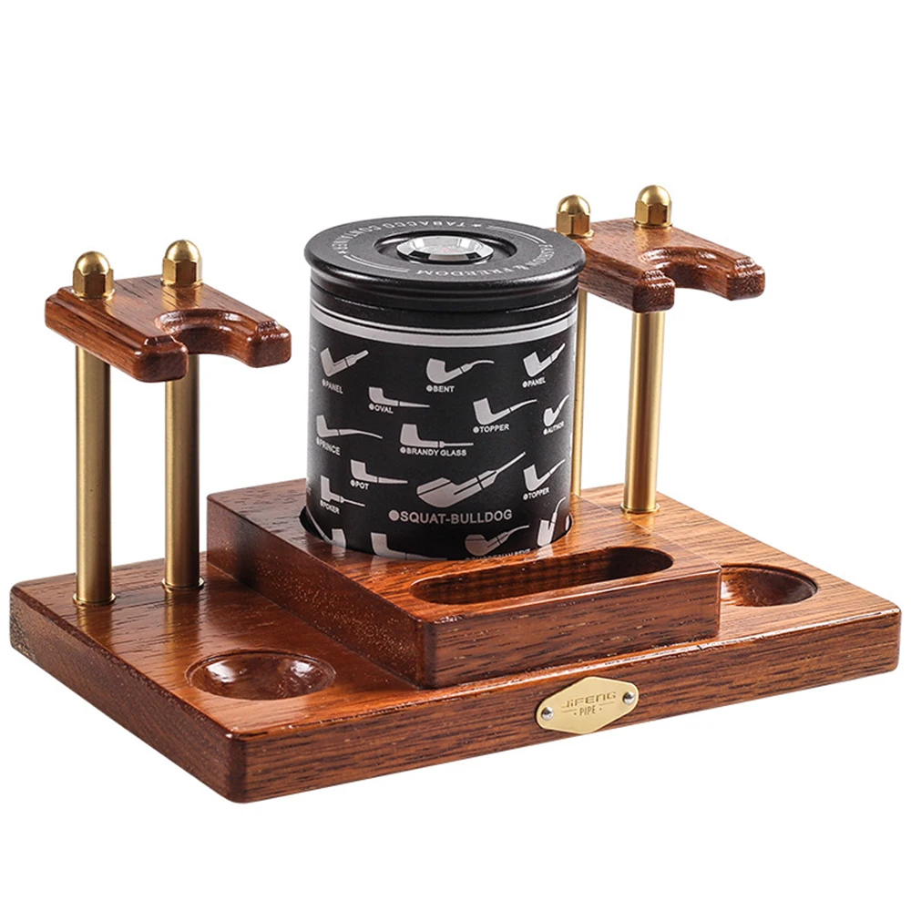 

Wooden Tobacco Pipe Stand For 2 Smoking Pipes Rack Holder,Include Tobacco Jar/Cigar Herb Container with Hygrometer and Humidifie