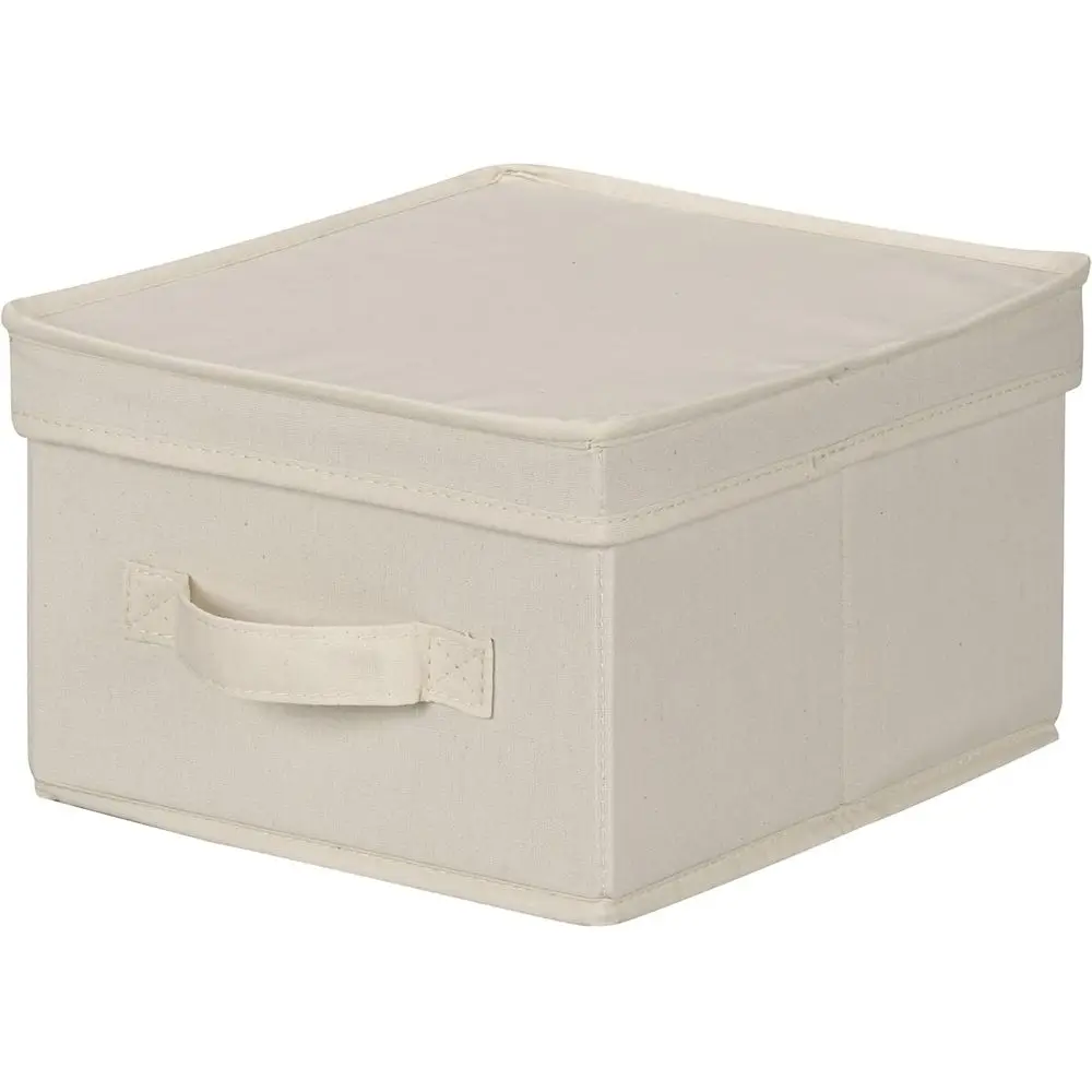 Medium Natural Beige Canvas Storage Box with Lid and Handle