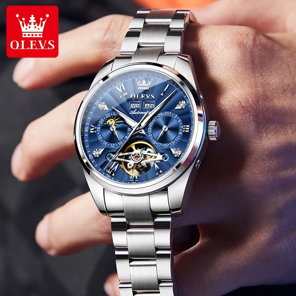 OLEVS Brand New Luxury Tourbillon Mechanical Watch for Men Stainless Steel Waterproof Fashion Automatic Calendar Watches Mens