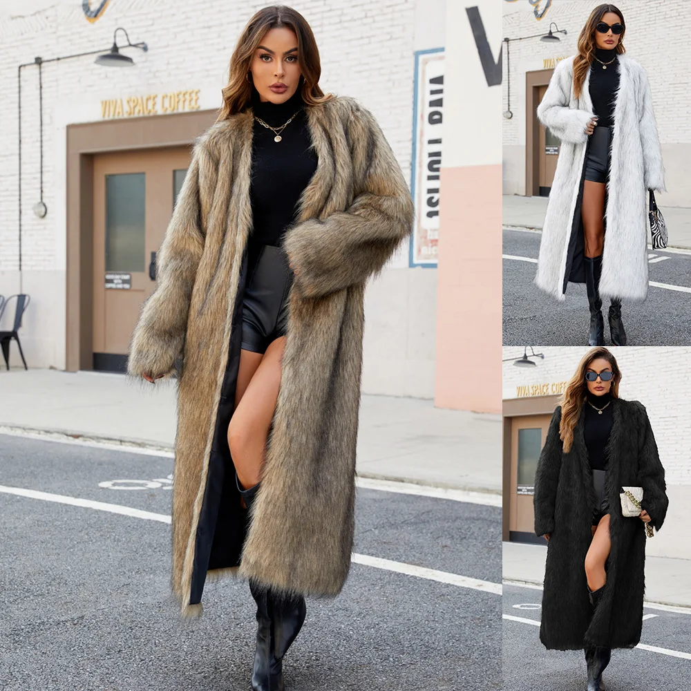 

Stylish Winter Women Detailed Faux Fur Coat Gradient V-Neck Artificial Long Fur Jacket For Female Temperament Lady Eco Fur Coat