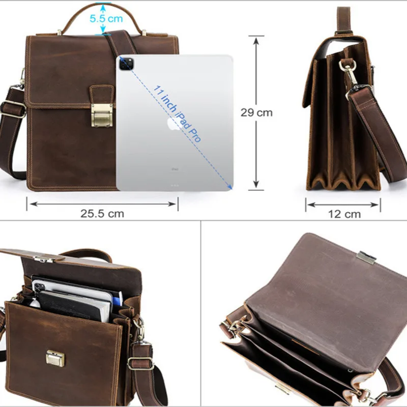 New Korean Version Crazy Horse Cowhide Fashion Leather High-end  Shoulder Insert Lock Men's Crossbody Bags Briefcase Man's Bags