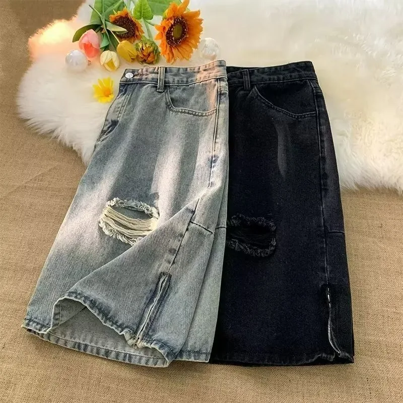 

Джинсовые брюки в стиле ретро American Hole для мужчин и женщин, летние тонкие прямые брюки с широкими штанинами, брюки пять четвертей, молодежные модные джинсы свободного покроя