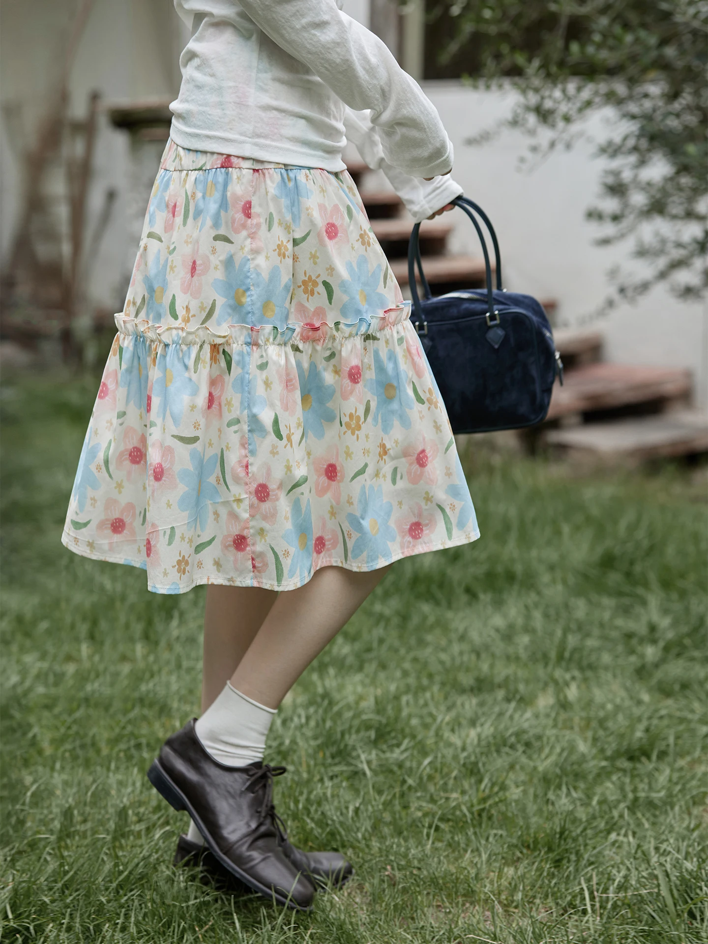 

Spring Summer Korean Style Floral A-Line Skirt Women's High Waist Cotton Blend Simple Commute Skirt No Elasticity