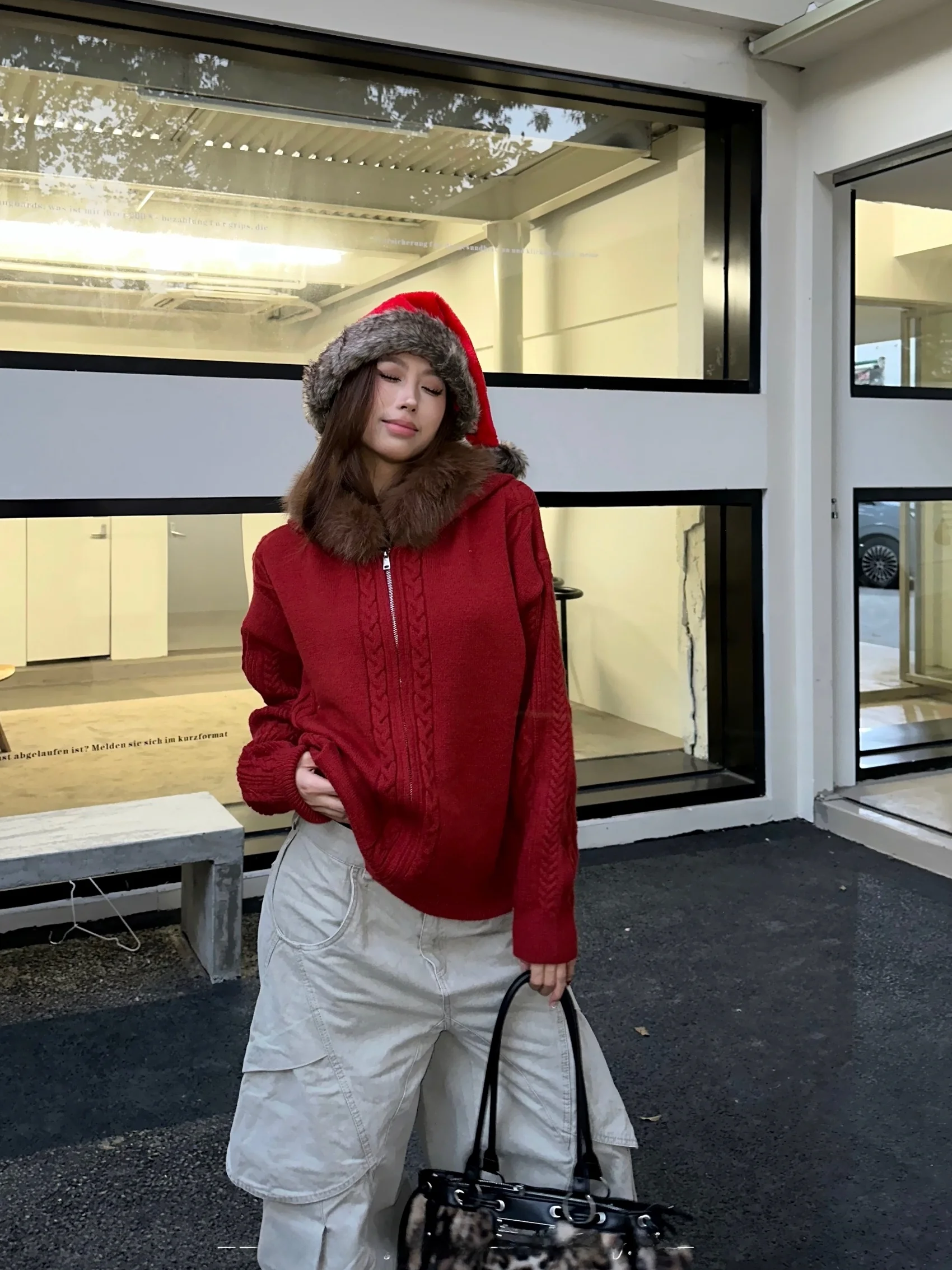 

Lazy New Year Knitted Sweater Coat Women's Loose Long Sve Hoodie Cardigan Red Twist Casual Sle Winter Outerwear