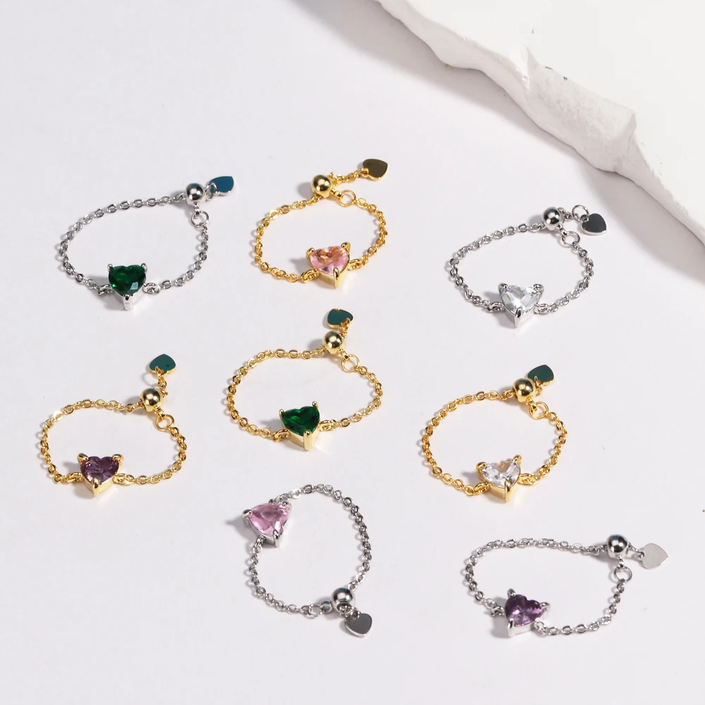 Pink Purple Green Zircon Heart Pull-out Chain Adjustable Rings For Women Fashion New Jewelry Gift Party Wedding Anillos Mujer