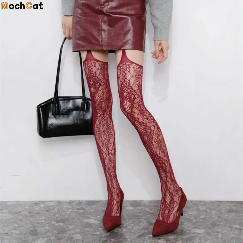 

Прозрачные сетчатые длинные колготки с цветком, нерегулярные сетчатые колготки в стиле Лолиты JK, полые ультратонкие кружевные чулки на подтяжках