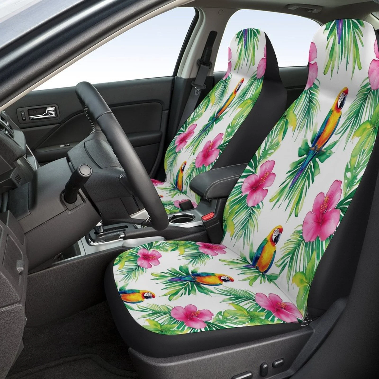 Car Seat Cover Set Featuring A Tropical Parrot Design, Suitable For A Variety Of Vehicles. Stylish And Custom-Made, These High-Q