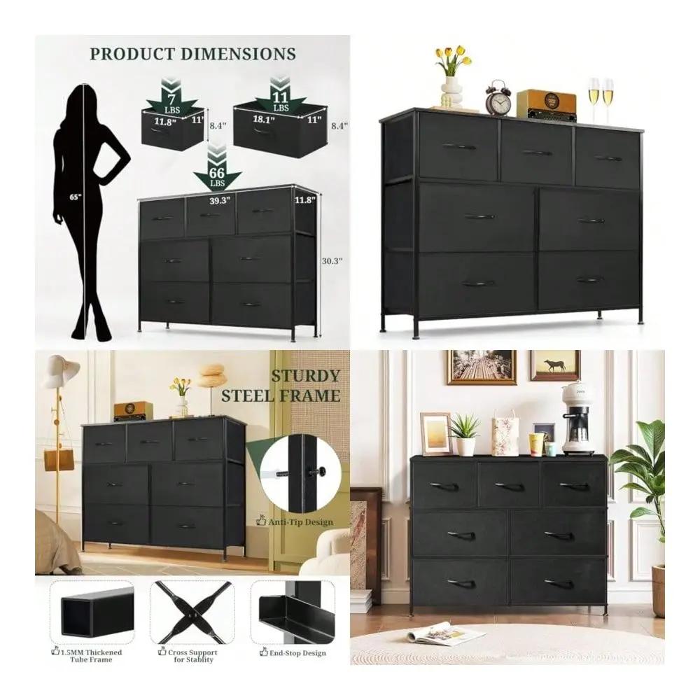 

Dresser For Bedroom AntiTip Wide Storage Organizer Fabric Chest Of Drawers TV Stand For 45 TV With Wooden Top And Metal Frame Fo