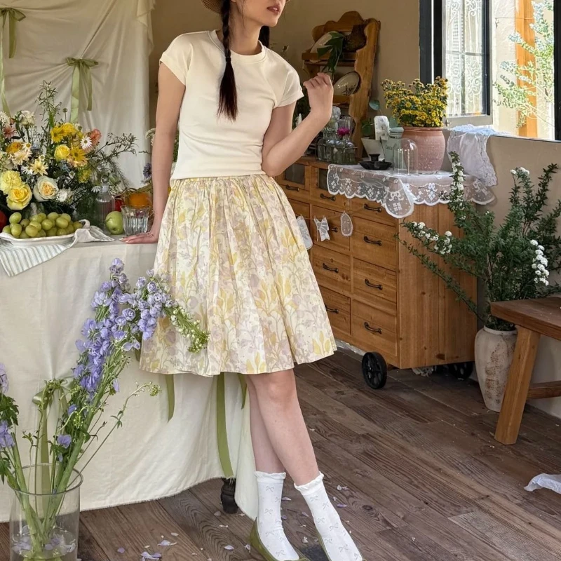 

Deeptown Sweet Floral Skirts Women Vintage Elegant Japanese Style Ruffle Skirts Harajuku Summer Fashion High Waist Short Skirts