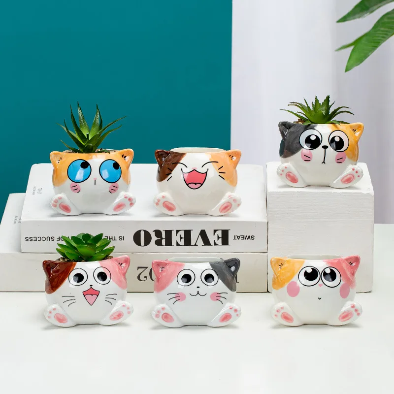 Cartoon Cute Cat Flower Pot Mini Animal Figurines Miniature Model Fairy Garden Decoration Planter Ceramic Succulent Flowerpots