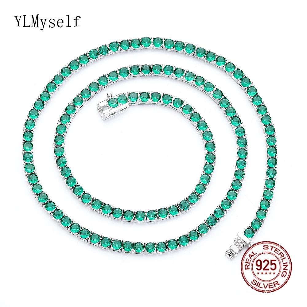 

16/18 Inch (41/45 cm) Solid Real Fine Jewelry Pave 3 mm Emerald Green Cubic Zircon 925 Sterling Silver Tennis Choker Necklace