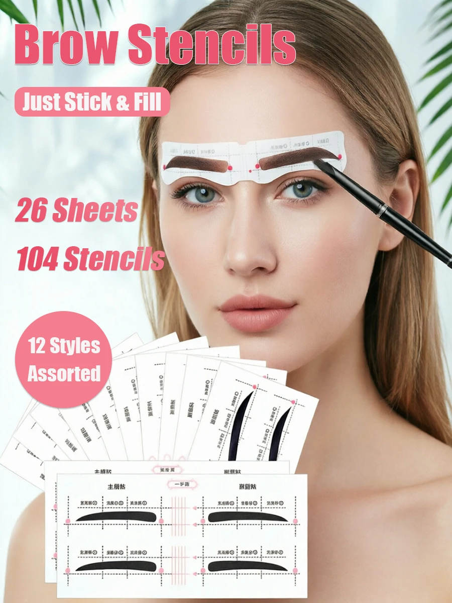 12 Styles Eyebrow Stencil Template Set, 26 Sheets 104Pcs Natural Eyebrow Shaper, Lazy Quick Eyebrow Stickers for Beginners, Easy