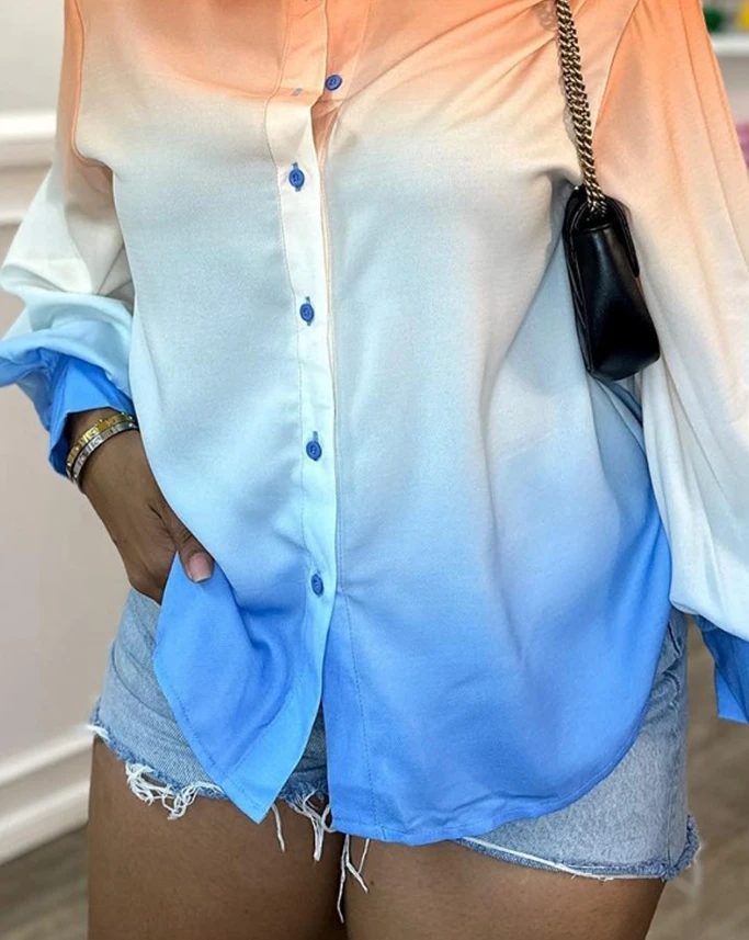 Orange White Blue Gradient Long Sleeved Single Breasted Front Basic Shirt Thin Casual Asymmetrical Hem Commuting Top