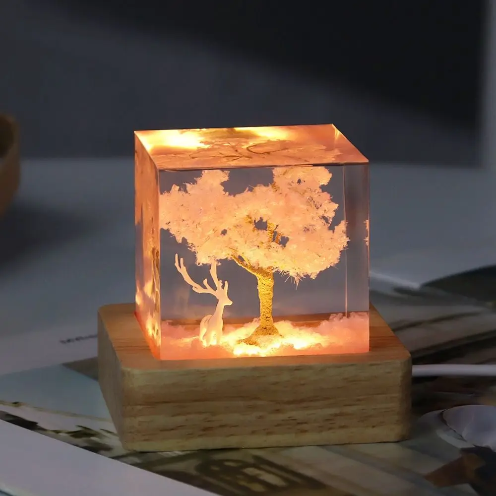 Weiße Elch Kirschblüte Nachtlicht handgemachte USB Kristall LED Nachtlichter Plug in Holz Basis rosa Nachttisch Licht Schlafzimmer Ornamente