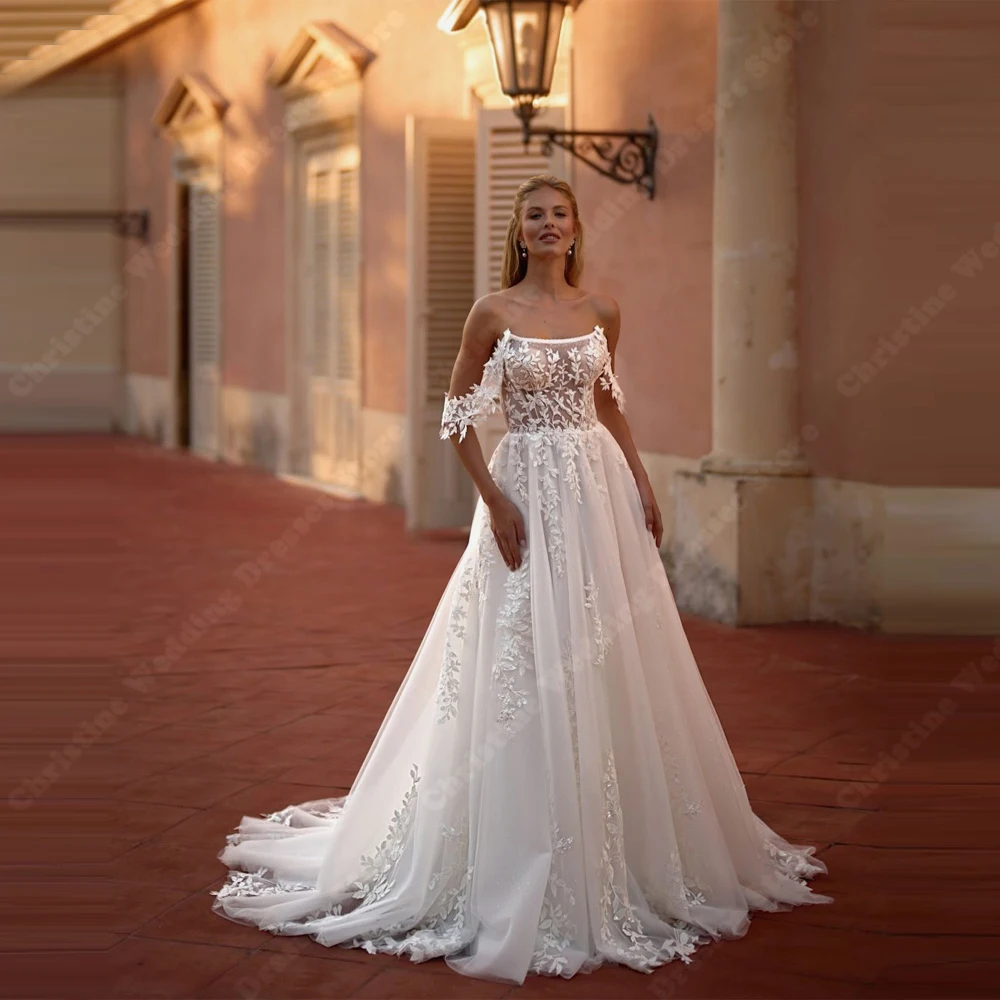 

Off The Shoulder Women Wedding Dresses Elegant Lace Flower Print A-Line Sleeveless Bridal Gowns Princess Vestidos De Novias 2024