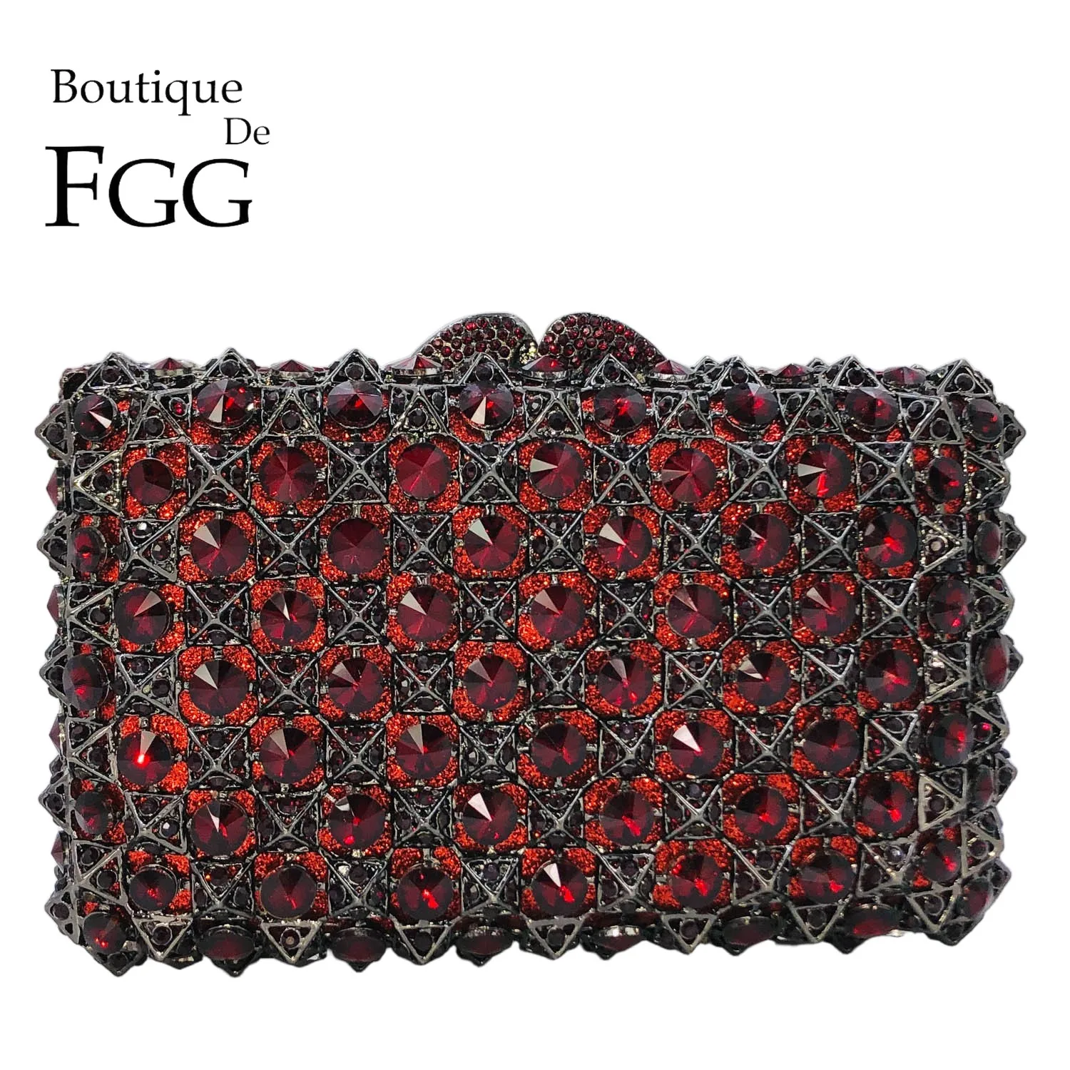 

Boutique De FGG Plaid Burgundy Crystal Clutch Purses for Women Formal Evening Bags Party Rhinestone Clutch Hardcase Handbags