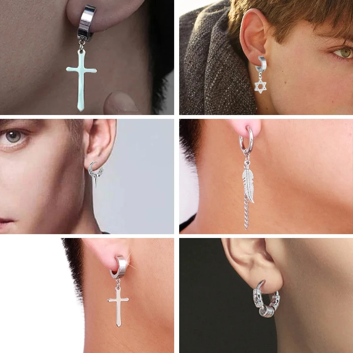 1Pair Unisex Punk Fashion Cross Pendant Ear Clip Non-Piercing Earrings Fake Earrings Gift for Men Women Jewelry Daily Wear