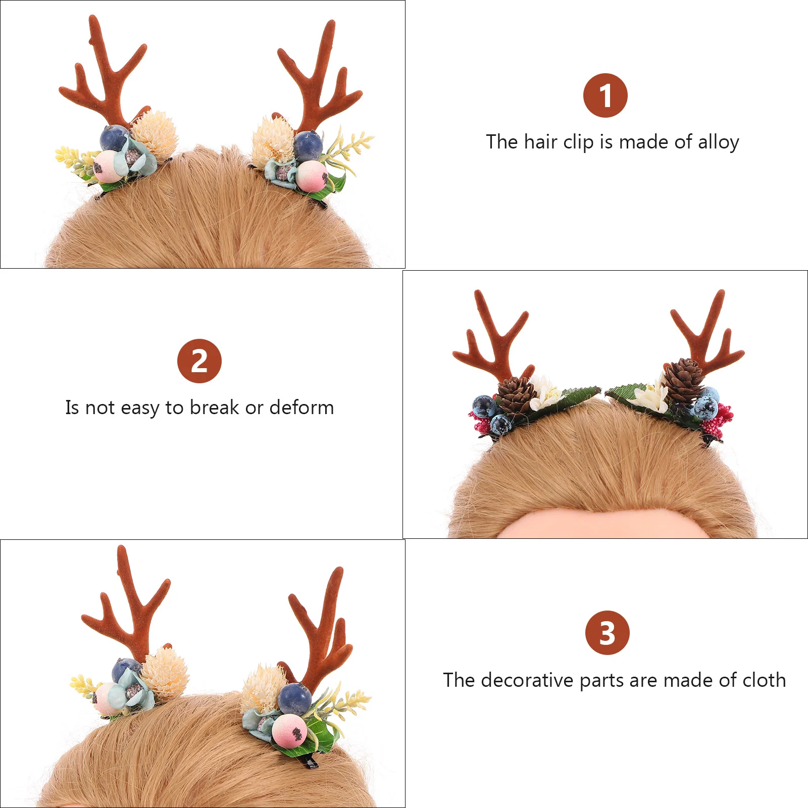 2 Pairs Deer Ears Hair Pins Womens Clips Antler Flower Berries Christmas Resin Jewelry