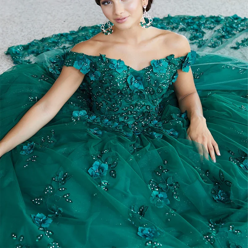 Emerald Hunter Green Flower Vestidos De 15 Años Quinceañeras Dresses 2024 3D Flowers Beaded Luxury Birthday Princess Ball Gowns