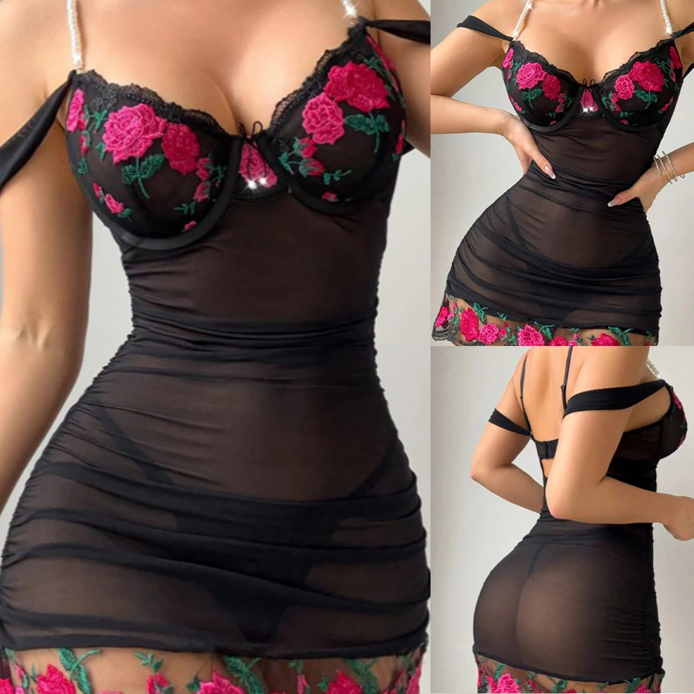 

Черная сексуальная ночная рубашка для сна, черная кружевная ночная рубашка для дома, ночная рубашка, сетчатая одежда для сна, всесезонные детали с бисером