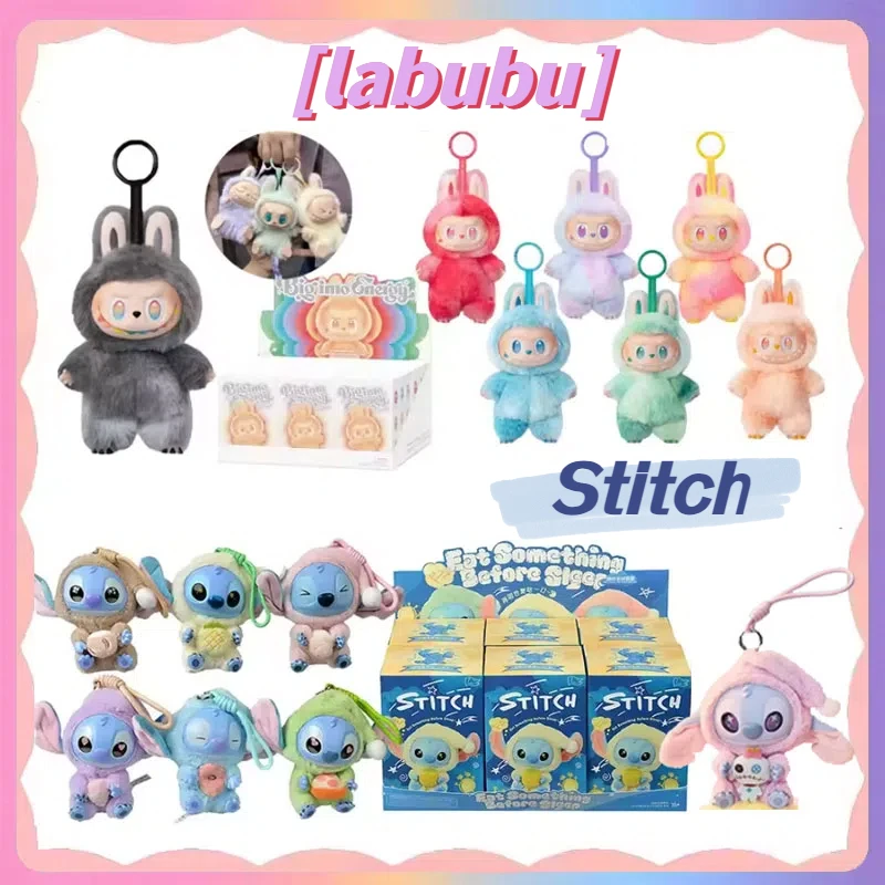 

For Labubu 3V Heartbeat Macaron Enamel The Monsters Face Blind Box and Stitch Eat Something Before Sleep Series Blind Box Gift