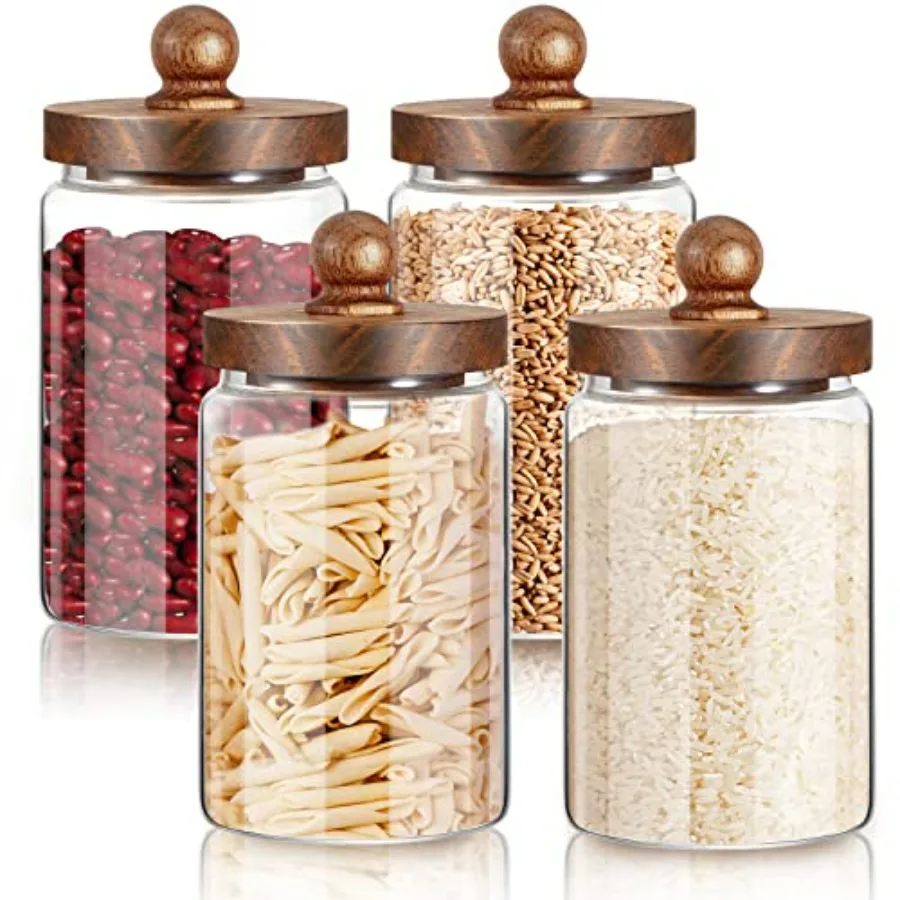 

Gerrii 4 Pcs 32 oz Glass Food Storage Jar with Acacia Wood Lids Airtight Sealed Clear Glass Canisters Air Tight Glass Container