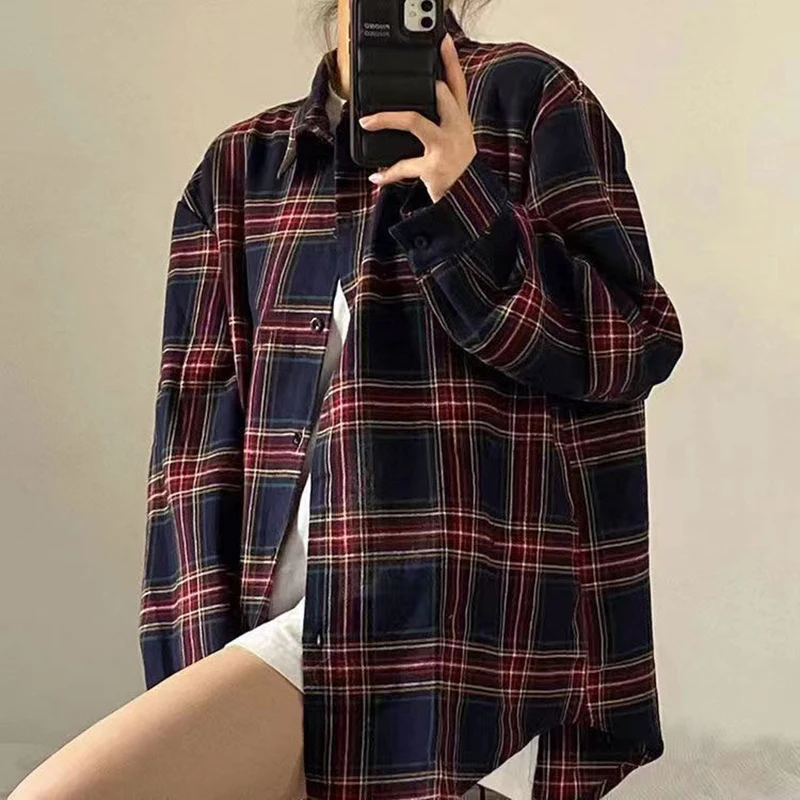 Vintage Plaid Shirts Women Harajuku Oversized Long Sleeve Blouses Summer Streetwear Korean Single Breasted Loose Casual Tops New